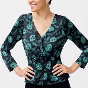 J Crew Satin back crepe button front Peplum Poppy blouse Green Black Sz 6